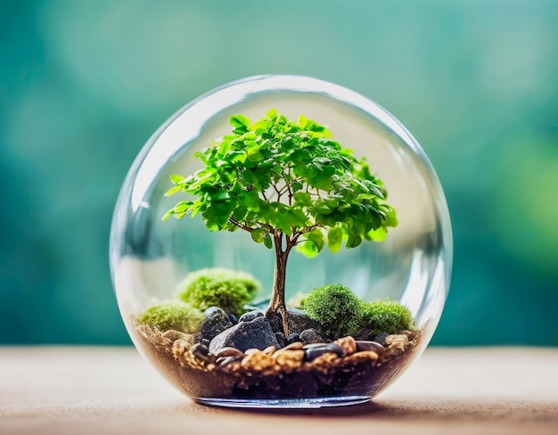 Árbol verde en bola de vidrio Salvar el medio ambiente salvar un planeta limpio concepto de ecología