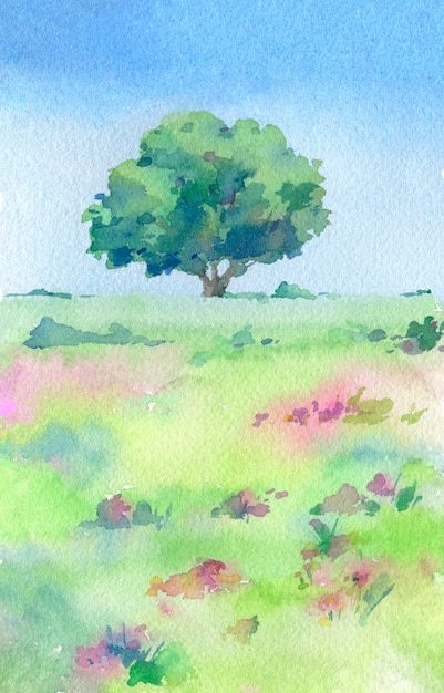 Árbol verde en el campo Ilustración de dibujado a mano de acuarela.