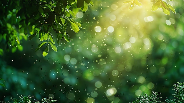 Árbol verde desenfocado en el bosque con luz solar que representa la vegetación con un gran espacio para el texto o un telón de fondo publicitario IA generativa