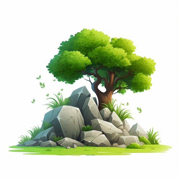 Árbol verde de dibujos animados y hierba en las rocas sobre fondo blanco
