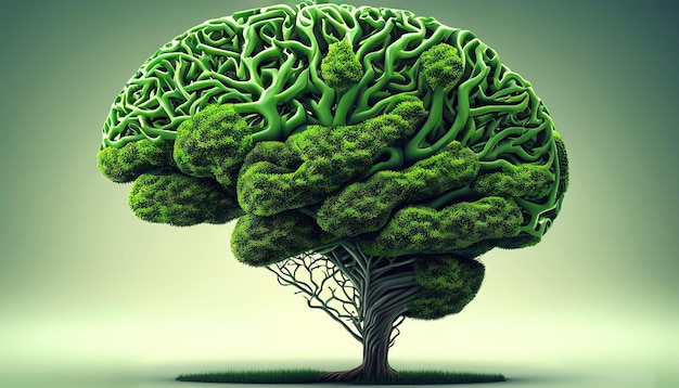 Árbol verde en forma de cerebro humano Concepto de pensamiento verde IA generativa