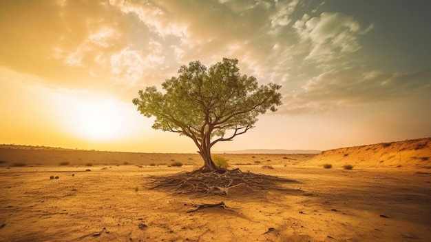 Árbol verde en el paisaje del desierto