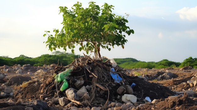 Árbol verde que crece en el basurero Alerta de problemas ambientales