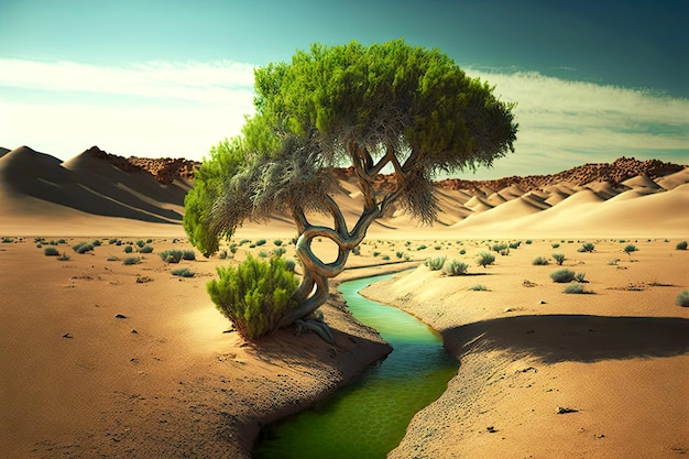 Árbol verde solitario tomando agua de un pequeño arroyo que fluye en el desierto