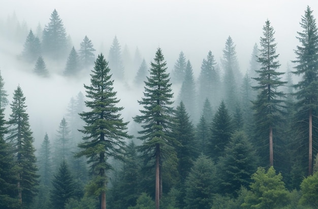 Árboles altos en el bosque en las montañas cubiertas de niebla