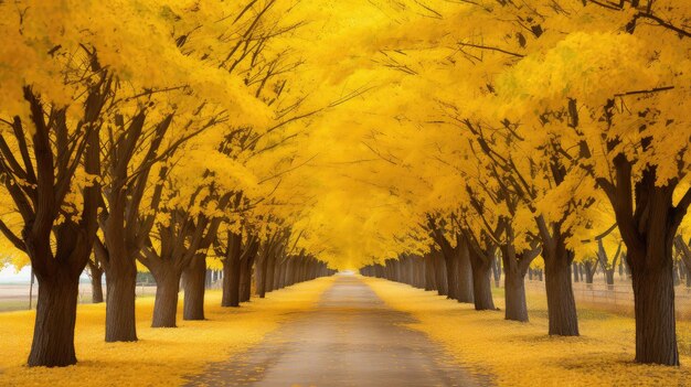 Árboles amarillos de otoño en el camino