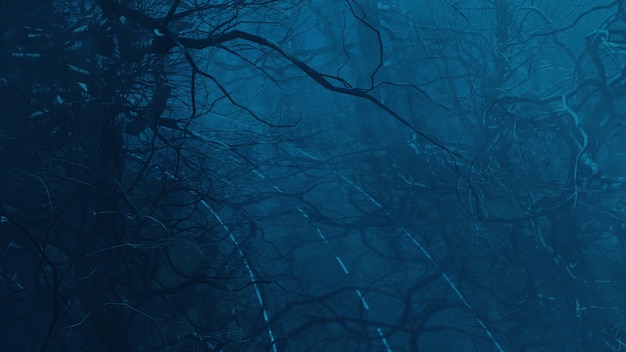 Árboles aterradores en la noche cerca de la carretera forestal Místico paisaje forestal espeluznante en la niebla luz de la luna 3d render