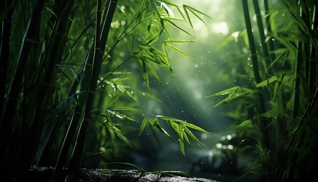 Árboles de bambú con follaje verde fresco en el bosque después de la lluvia