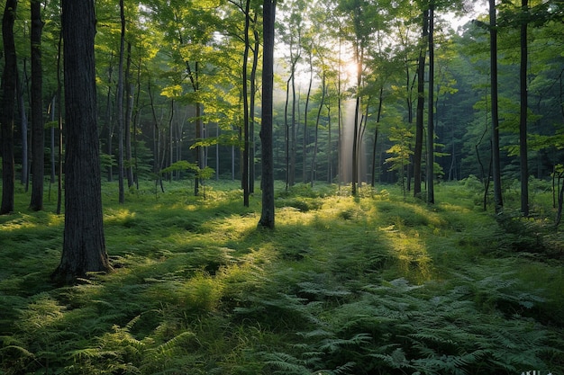 Árboles boscosos del bosque de la mañana retroiluminados