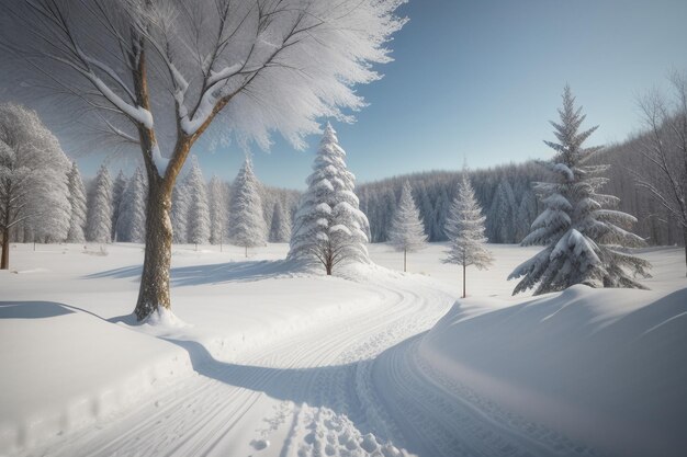 Árboles y carreteras cubiertas de nieve en el frío invierno Árboles Y nieve espesa en el suelo