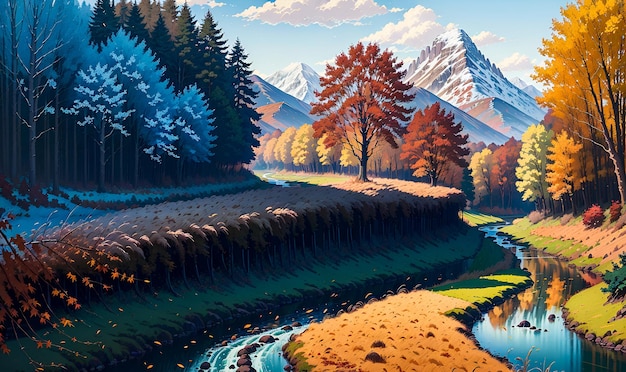 Árboles coloridos con un camino Ilustración de pintura de fondo de paisaje de otoño IA generativa