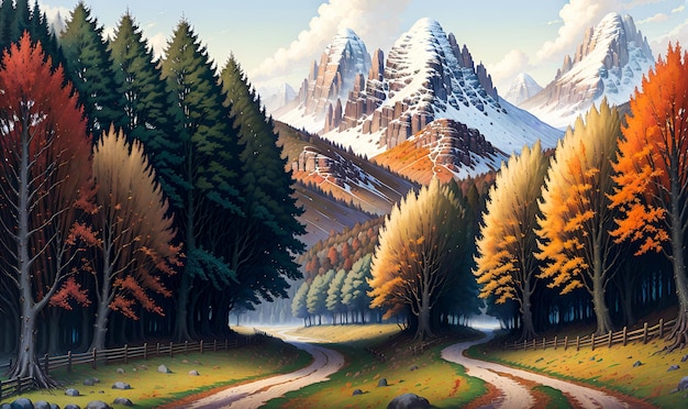 Árboles coloridos con un camino Ilustración de pintura de fondo de paisaje de otoño IA generativa