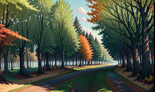 Árboles coloridos con un camino Ilustración de pintura de fondo de paisaje de otoño IA generativa