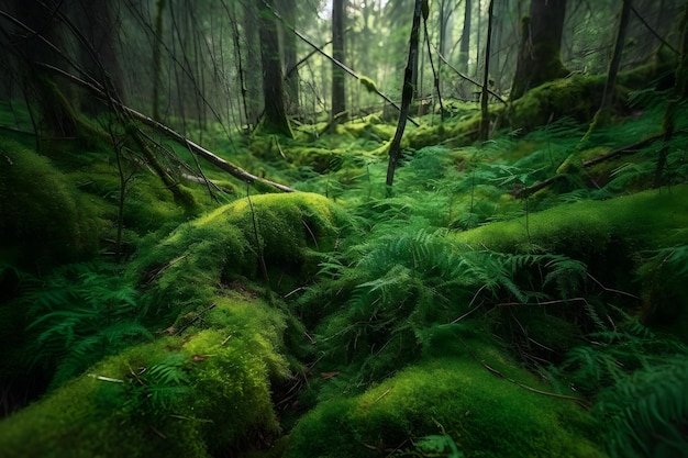 Árboles cubiertos de musgo en el bosque por la noche