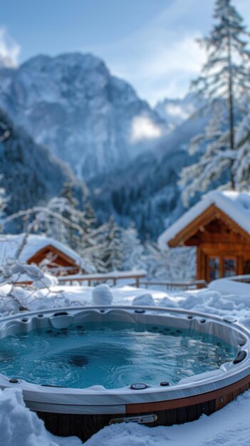 Árboles cubiertos de nieve alrededor de la bañera termal