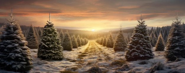 Árboles en filas en la granja de árboles de Navidad en la naturaleza