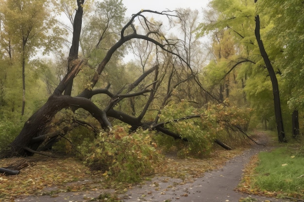 Árboles de hoja caduca doblados y rotos por feroces vientos de tormenta