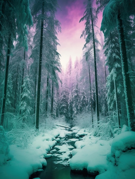 Árboles de hoja perenne del bosque del norte en invierno cubiertos de nieve AI cian generativo y paisaje rosa pálido