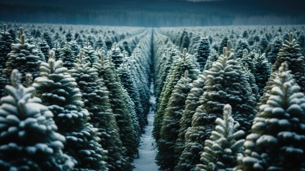 Árboles de hoja perenne en una granja de árboles de Navidad cubierta de nieve vista desde arriba