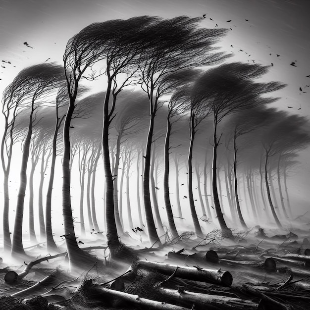 Árboles inclinados durante una gran tormenta con fuertes vientos generados por la IA