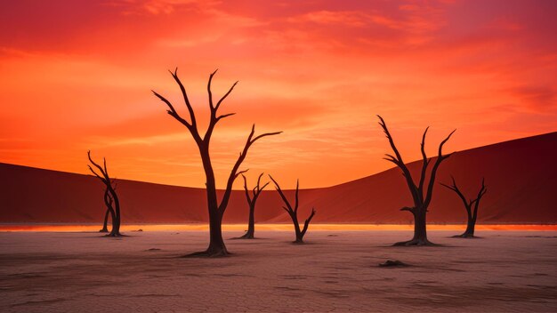 Árboles muertos al atardecer