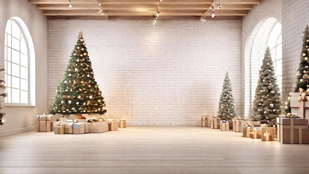 Árboles de Navidad y caja de regalos decorada pared con luz de cuerda como una IA generativa de fiesta