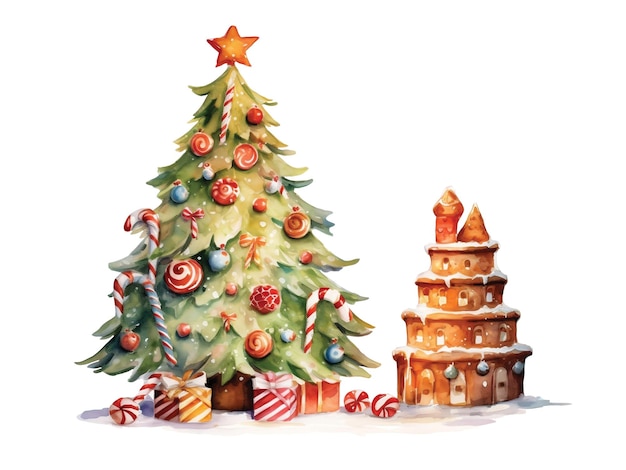 Árboles de Navidad caprichosos en ilustración acuarela