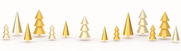 Árboles de Navidad dorados 3d render Bosque de Navidad geométrico abstracto en formas de cono de metal Decoraciones de Año Nuevo oro exuberante pino y abeto elementos de diseño de vacaciones sobre fondo blanco