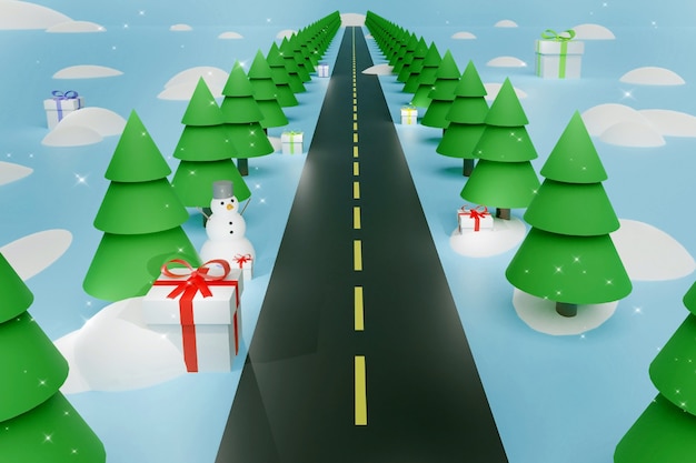 Árboles de Navidad, muñeco de nieve, ventisquero y regalos navideños a lo largo del camino. Fondo azul. Tarjeta de felicitación de diseño creativo de render 3d