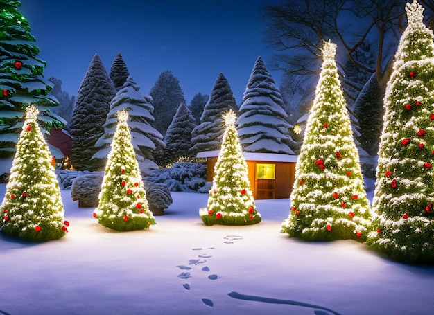 Árboles de navidad en la nieve con una casa al fondo