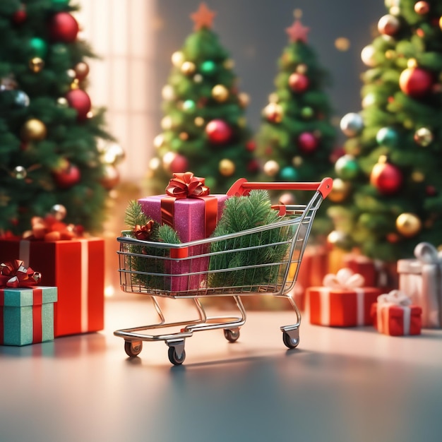 Árboles de Navidad y regalos con un carrito de compras y la atmósfera es un fondo alegre