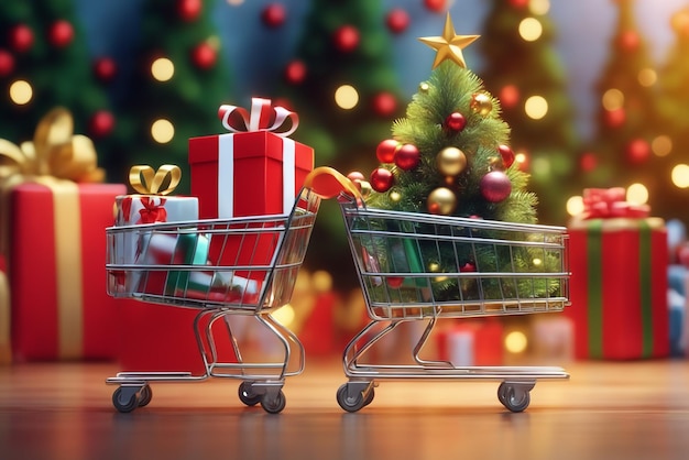 Árboles de Navidad y regalos con un carrito de compras y la atmósfera es un fondo alegre