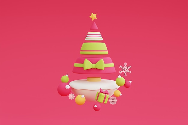 Árboles de Navidad rodeados de adornos navideños con copos de nieve, diseño 3d mínimo. Ilustración de render 3d.