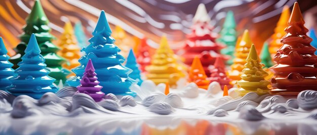 Árboles de Navidad vibrantes en la mesa en medio de una decoración de plástico abstracta una pieza central festiva de las vacaciones AI Generative