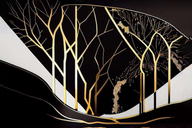 Árboles negros y dorados y luna en estilo Kintsugi Art