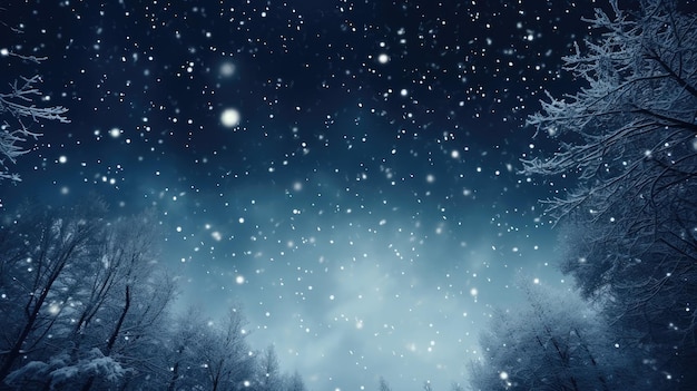 Árboles nevados en un bosque de invierno con nevadas y sin polvo ni ruido, solo muchos copos de nieve voladores en el cielo