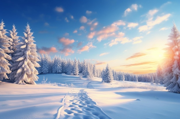 Árboles nevados en un campo con un camino en el medio ai generativo.