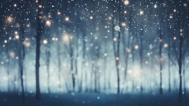 Árboles nevados por la noche con luces bokeh