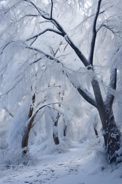 Árboles nevados y ramas heladas en invierno creados con IA generativa