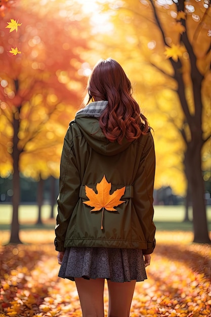 Árboles de otoño en el bosque con una niña linda con hojas de arce en la espalda