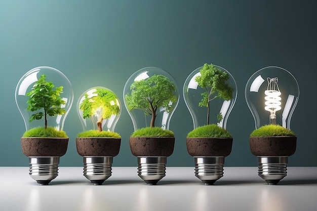 Árboles que crecen en lámparas de ahorro de energía concepto alternativo de energía ecológica y sostenible