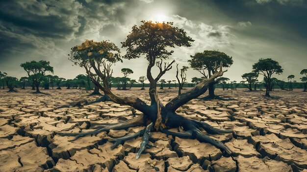 Árboles que crecen en suelo seco y agrietado en la estación seca calentamiento global