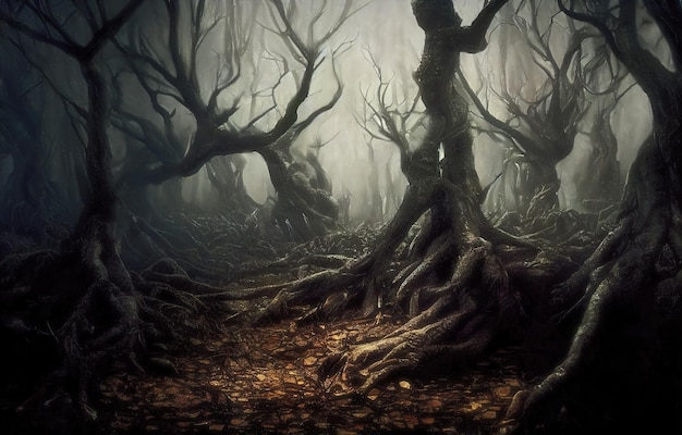 Árboles torcidos malvados en lo profundo de un bosque de fantasía con raíces retorcidas y ramas desnudas paisaje espeluznante niebla ilustración digital 3D