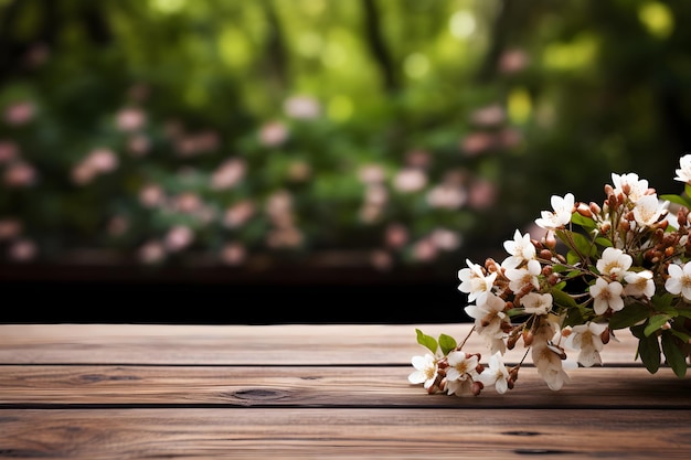 Árboles verdes y decoración floral mesa de madera para la vitrina del producto