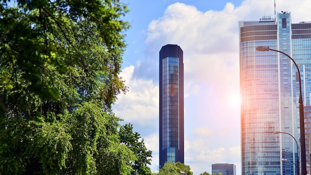 Árboles verdes frescos y concepto de negocio de edificio de oficinas Edificio ecológico en concepto de ciudad moderna