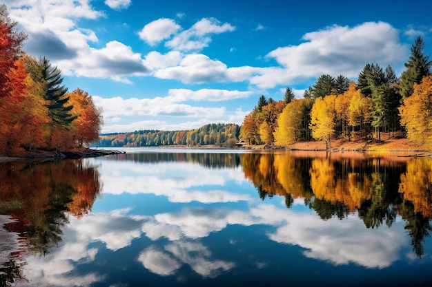 Árboles vibrantes de ensueño otoñal que se reflejan en el lago tranquilo