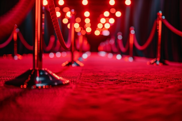 Área de alfombra roja con cuerdas y luces