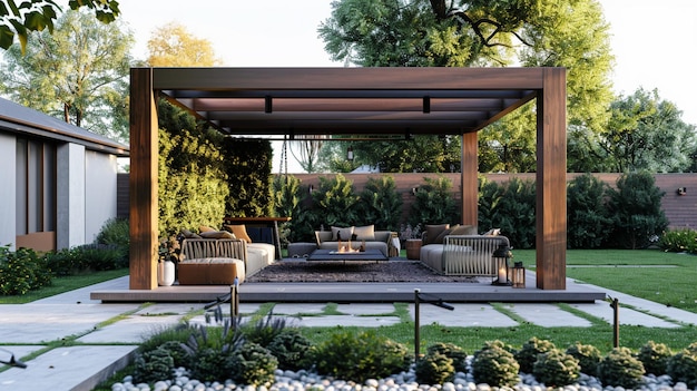 Área de asientos al aire libre elegante con pérgola moderna