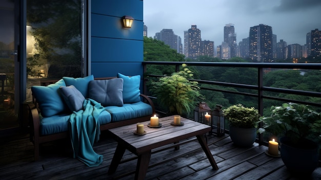 Área de asientos de balcón moderna con planta verde y velas con vistas a la ciudad Área de lectura acogedora día lluvioso