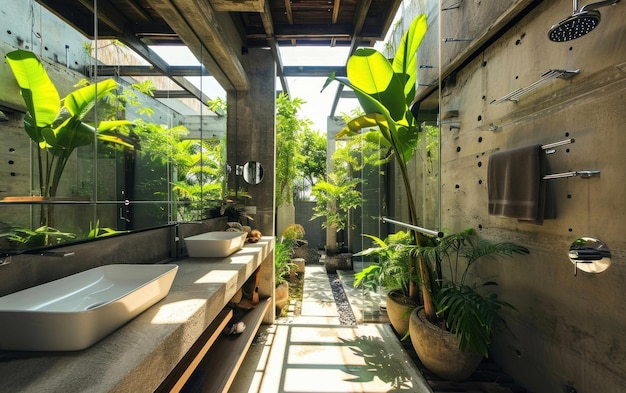 Área de baño al aire libre bien mantenida con accesorios modernos y plantas en maceta